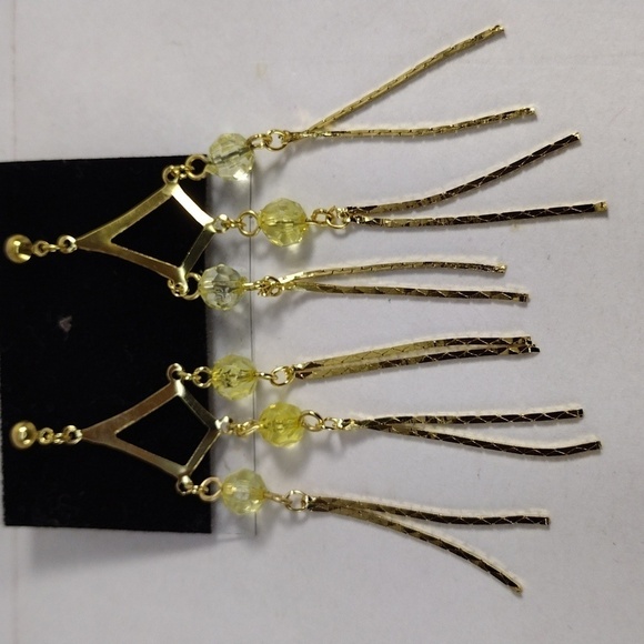 Gold-Tone Chandelier Drop Earrings – 3" Yellow Beaded Fringe Statement Jewelry - Picture 4 of 8